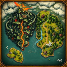 A fantasy map depicting two distinct kingdoms: one of dragons and the other of fairies