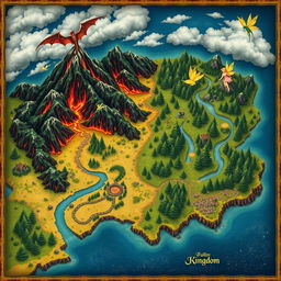 A fantasy map depicting two distinct kingdoms: one of dragons and the other of fairies