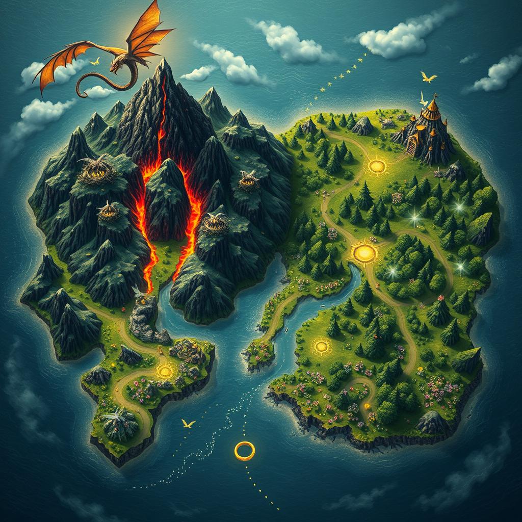 A fantasy map depicting two distinct kingdoms: one of dragons and the other of fairies