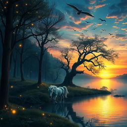 An enchanted forest at twilight with mystical creatures dancing, glowing fireflies illuminating the scene