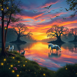 An enchanted forest at twilight with mystical creatures dancing, glowing fireflies illuminating the scene