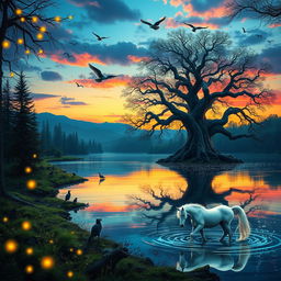 An enchanted forest at twilight with mystical creatures dancing, glowing fireflies illuminating the scene