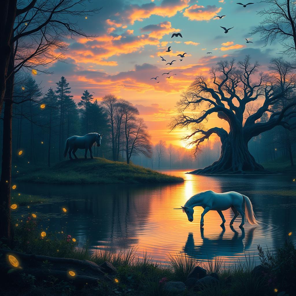 An enchanted forest at twilight with mystical creatures dancing, glowing fireflies illuminating the scene