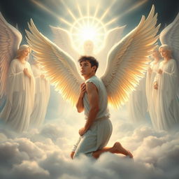 A repentant angelic human male with majestic wings kneeling humbly before a divine council