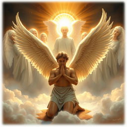 A repentant angelic human male with majestic wings kneeling humbly before a divine council