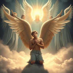 A repentant angelic human male with majestic wings kneeling humbly before a divine council