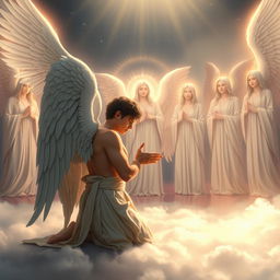 A repentant angelic human male with majestic wings kneeling humbly before a divine council