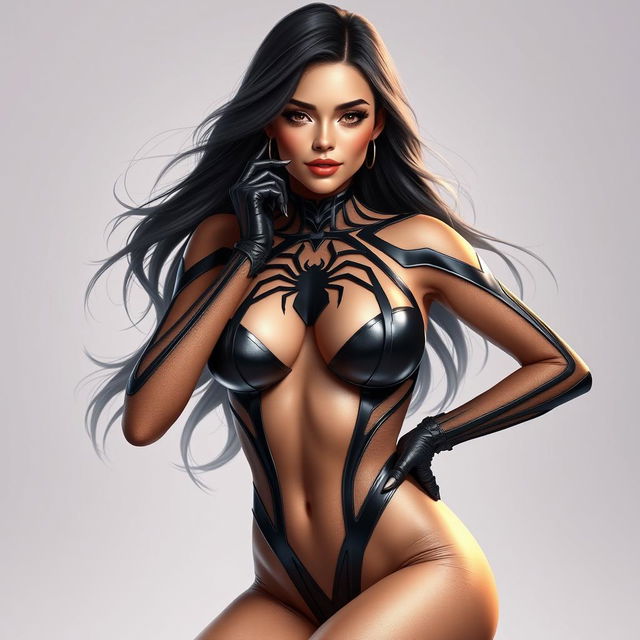 A realistic depiction of a beautiful woman with a super detailed face, wearing a luxurious Spider Woman suit crafted in a bikini shape