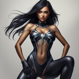 A realistic depiction of a beautiful woman with a super detailed face, wearing a luxurious Spider Woman suit crafted in a bikini shape