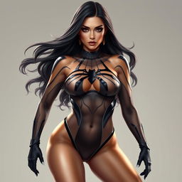 A realistic depiction of a beautiful woman with a super detailed face, wearing a luxurious Spider Woman suit crafted in a bikini shape