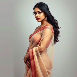 A slender and beautiful Indian woman, elegantly portrayed as an alluring aunty