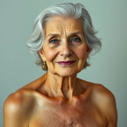 A confident and elegant elderly woman, depicted in a tasteful and artistic nude portrait