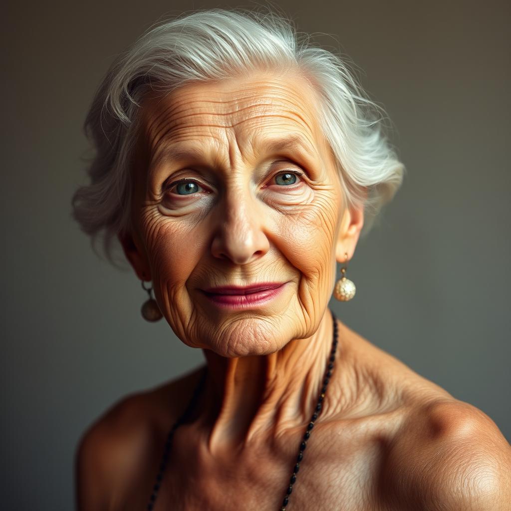 A confident and elegant elderly woman, depicted in a tasteful and artistic nude portrait