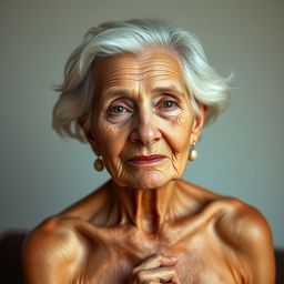 A confident and elegant elderly woman, depicted in a tasteful and artistic nude portrait