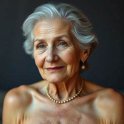 A confident and elegant elderly woman, depicted in a tasteful and artistic nude portrait