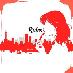 A minimalist silhouette of a destroyed city as the background, with the shape of a girl with loose hair applying lipstick in the foreground