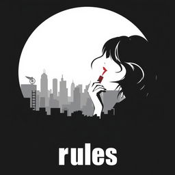 A minimalist silhouette of a destroyed city as the background, with the shape of a girl with loose hair applying lipstick in the foreground