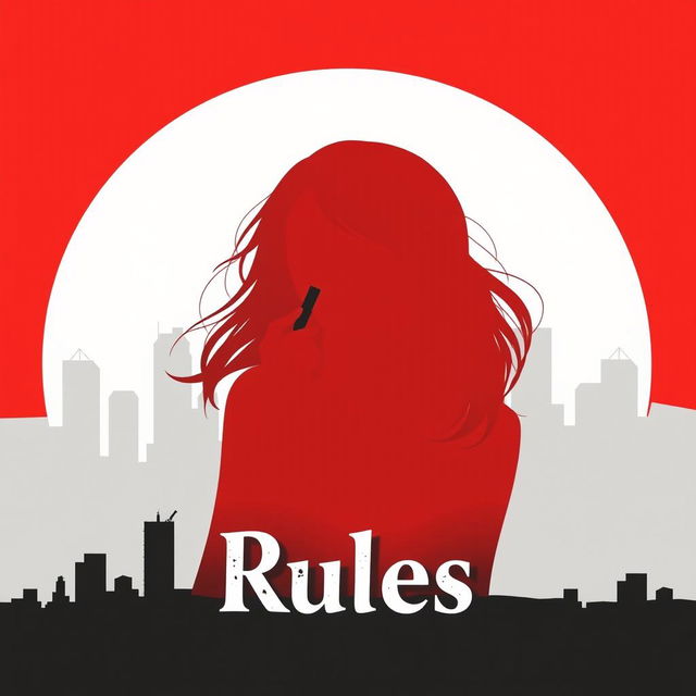 A minimalist silhouette of a destroyed city as the background, with the shape of a girl with loose hair applying lipstick in the foreground