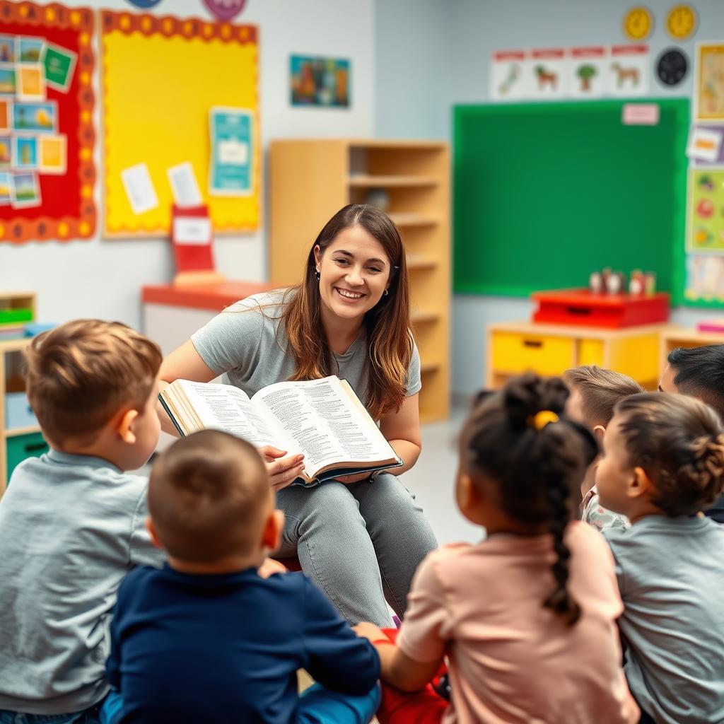 A friendly, approachable teacher sitting in a colorful classroom, surrounded by children of diverse backgrounds