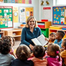 A friendly, approachable teacher sitting in a colorful classroom, surrounded by children of diverse backgrounds