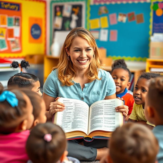 A friendly, approachable teacher sitting in a colorful classroom, surrounded by children of diverse backgrounds