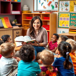 A friendly, approachable teacher sitting in a colorful classroom, surrounded by children of diverse backgrounds