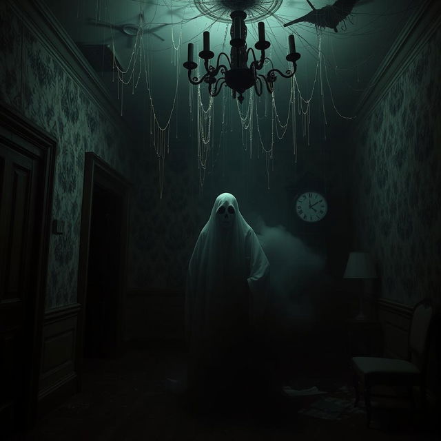 A suspenseful, chilling horror scene set in an abandoned, dimly lit mansion