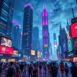 A futuristic cityscape at night, showcasing towering skyscrapers with neon lights in vibrant colors like blue, pink, and purple