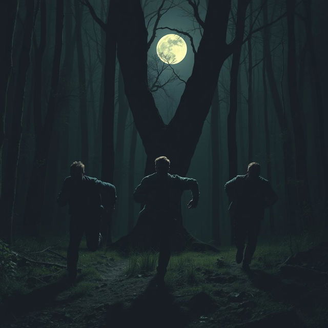 Three men sprinting through a dense, shadowy forest at night with a mysterious creature hiding behind a tree, mimicking human behavior, stalking them stealthily