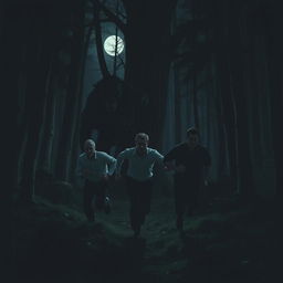 Three men sprinting through a dense, shadowy forest at night with a mysterious creature hiding behind a tree, mimicking human behavior, stalking them stealthily