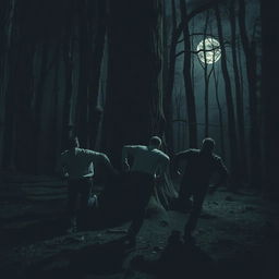 Three men sprinting through a dense, shadowy forest at night with a mysterious creature hiding behind a tree, mimicking human behavior, stalking them stealthily