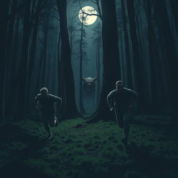 Three men sprinting through a dense, shadowy forest at night with a mysterious creature hiding behind a tree, mimicking human behavior, stalking them stealthily