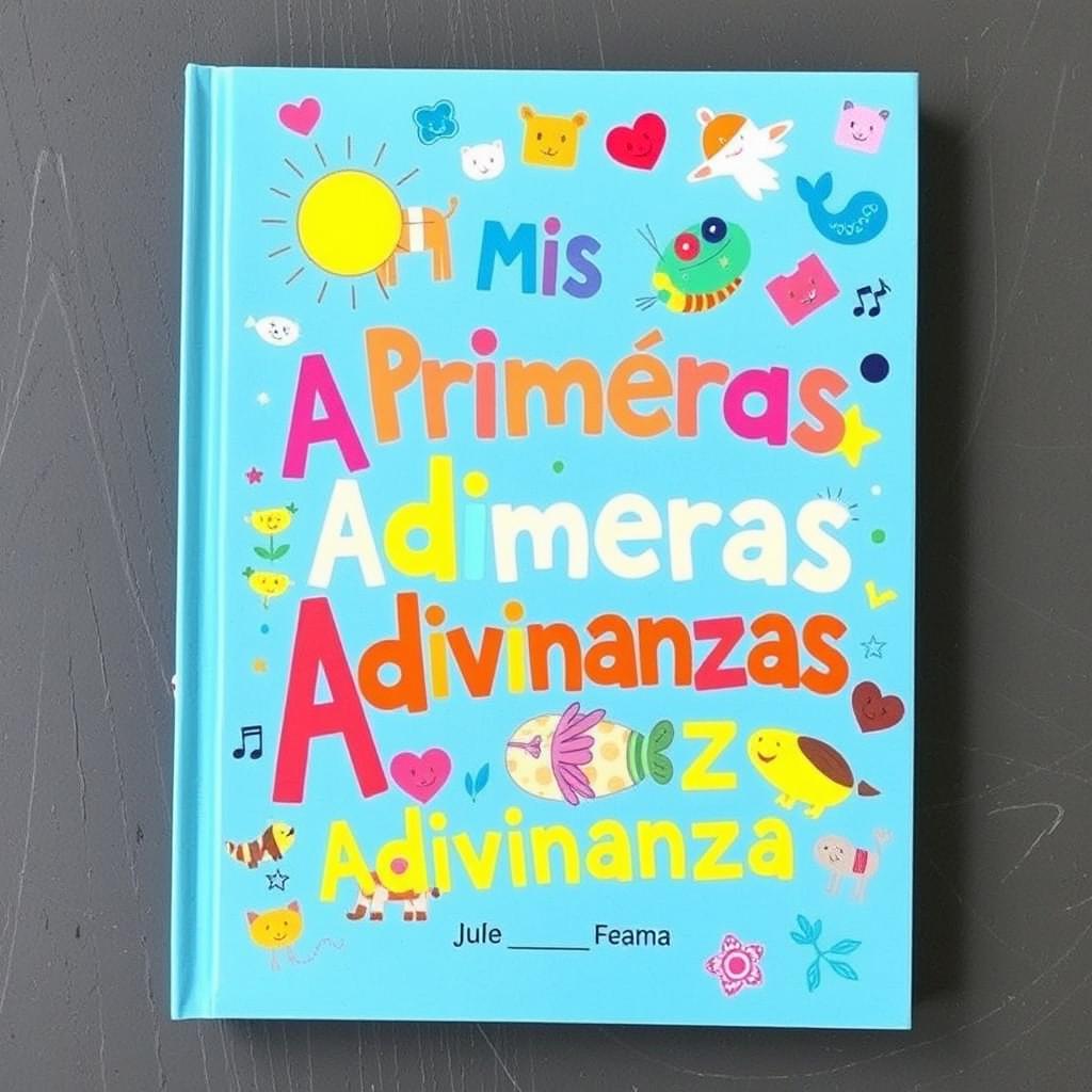 A colorful and creative book cover for a children's book titled "Mis Primeras Adivinanzas