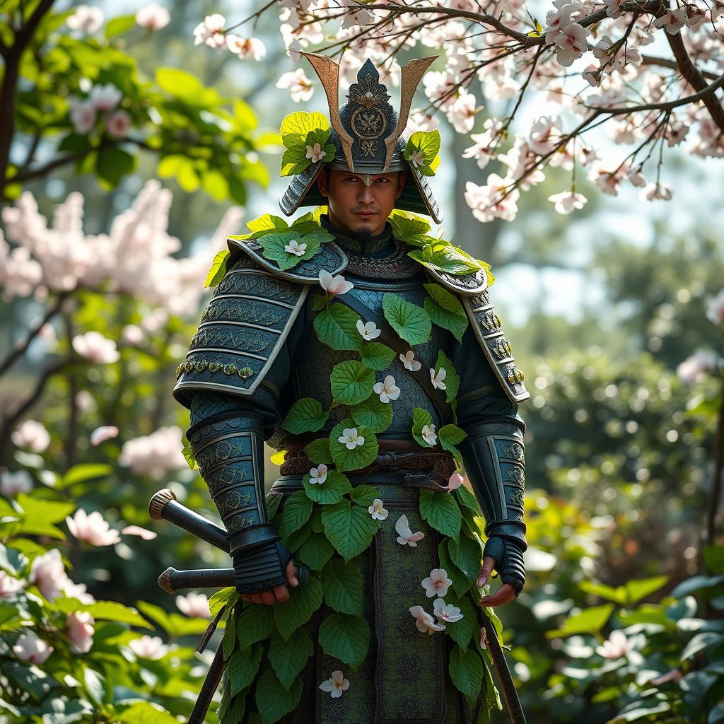 A mystical plant-themed samurai warrior stands confidently in a lush garden