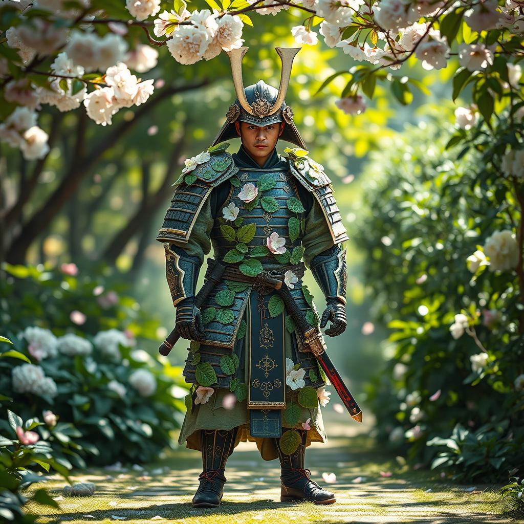 A mystical plant-themed samurai warrior stands confidently in a lush garden