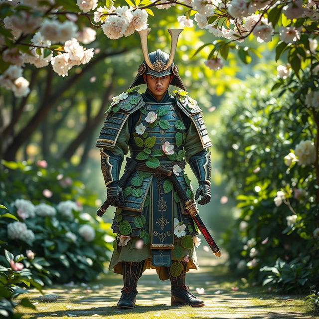 A mystical plant-themed samurai warrior stands confidently in a lush garden