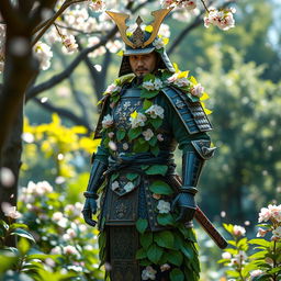 A mystical plant-themed samurai warrior stands confidently in a lush garden