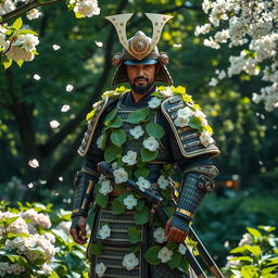 A mystical plant-themed samurai warrior stands confidently in a lush garden