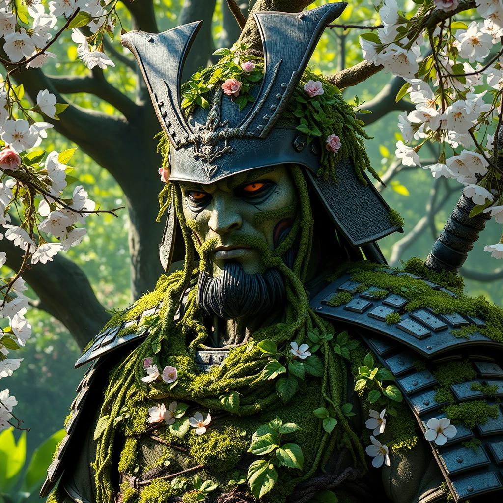 An imposing samurai with plant-like features stands in a tranquil, lush garden