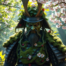 An imposing samurai with plant-like features stands in a tranquil, lush garden