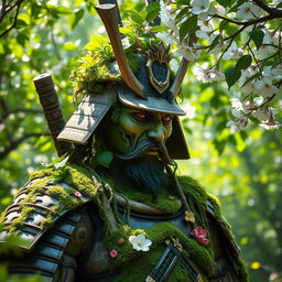 An imposing samurai with plant-like features stands in a tranquil, lush garden