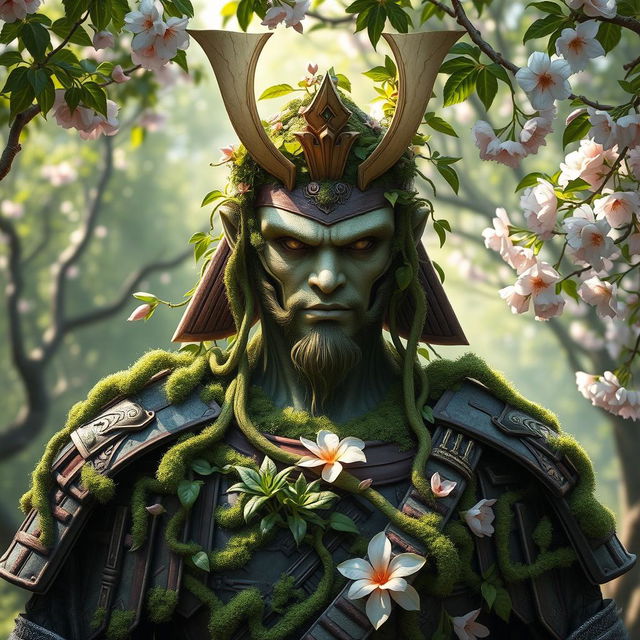 An imposing samurai with plant-like features stands in a tranquil, lush garden