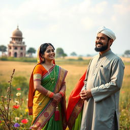 A respectful and harmonious scene depicting the celebration of cultural diversity and unity between a Hindu woman and a Muslim man