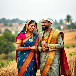 A respectful and harmonious scene depicting the celebration of cultural diversity and unity between a Hindu woman and a Muslim man