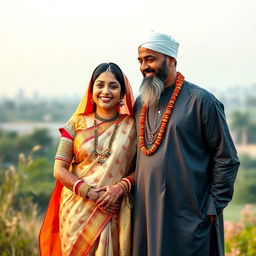 A respectful and harmonious scene depicting the celebration of cultural diversity and unity between a Hindu woman and a Muslim man