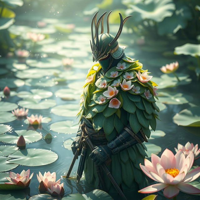 In a mystical setting, a samurai plant man emerges, embodying the essence of a flowering lilypad