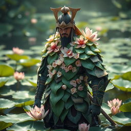 In a mystical setting, a samurai plant man emerges, embodying the essence of a flowering lilypad