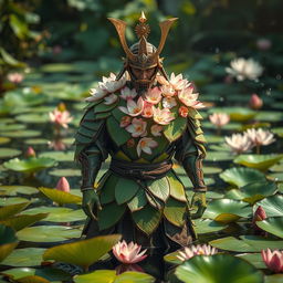 In a mystical setting, a samurai plant man emerges, embodying the essence of a flowering lilypad