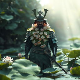 In a mystical setting, a samurai plant man emerges, embodying the essence of a flowering lilypad