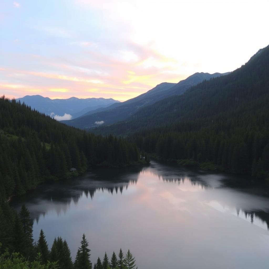 A serene mountain landscape at sunrise, with a small lake reflecting the colorful sky